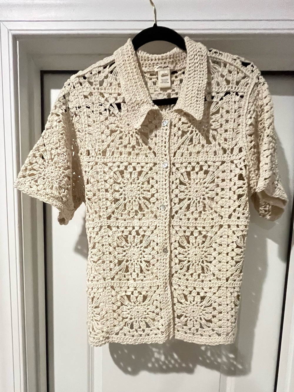 Crochet Button-Down Shirt - Cream Short Sleeve